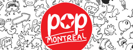 Pop Montreal's 2008 artwork: the red logo among doodled creatures
